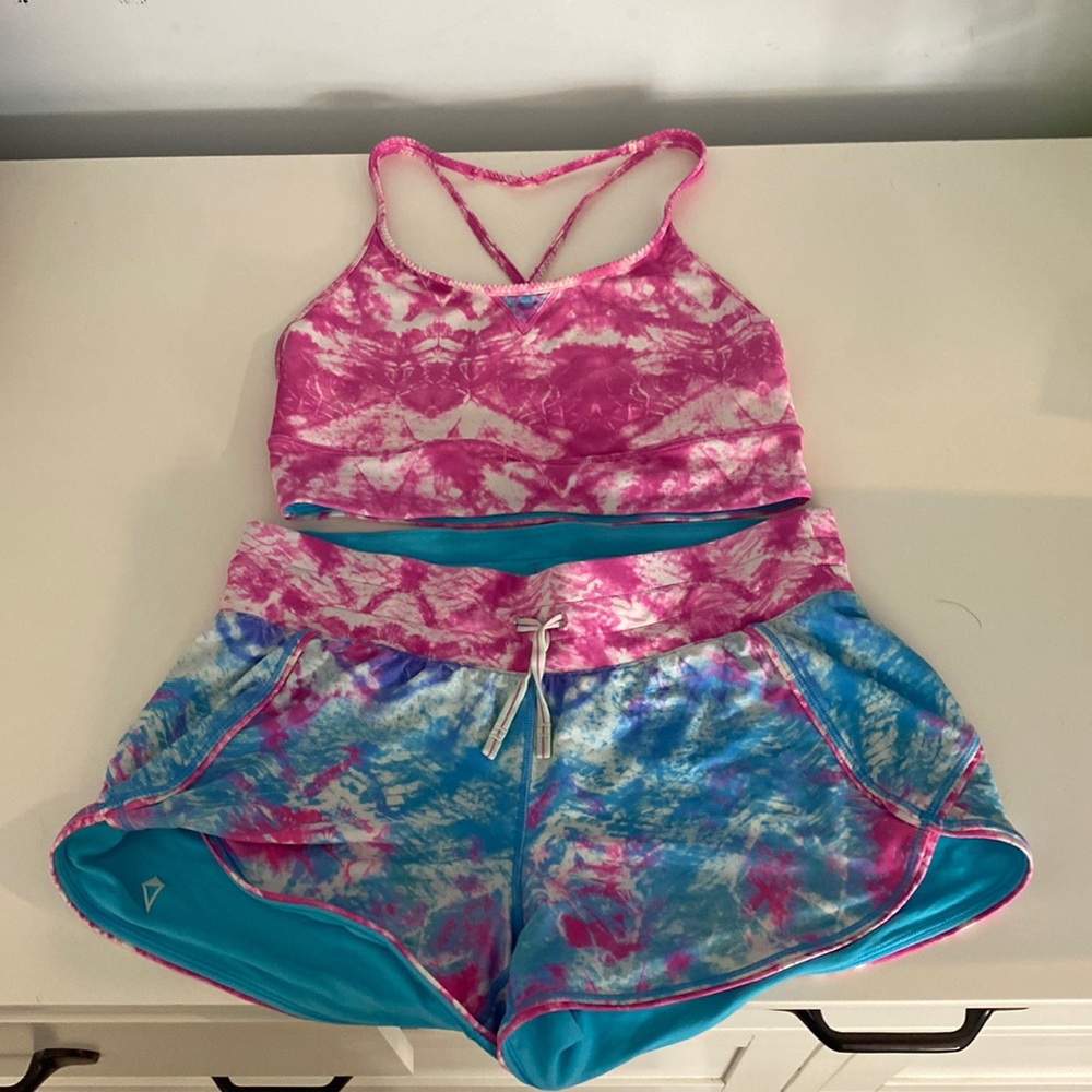Pink and blue ivivva bikini top with ivivva reversible pink and blue swim shorts